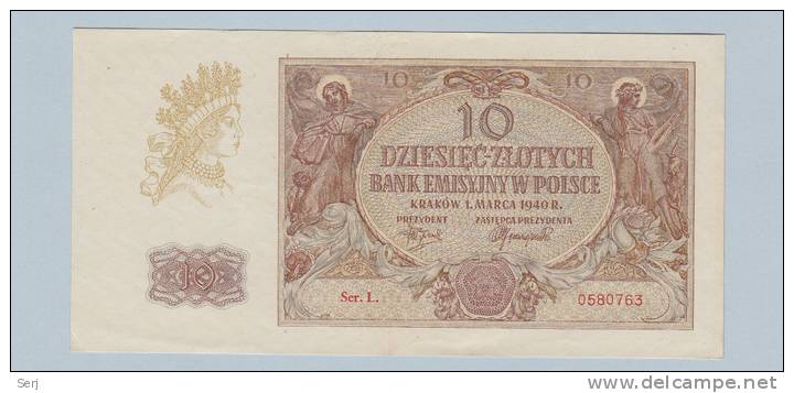 Poland 10 Zlotych 1940 AXF CRISP Banknote Pick 94 - Poland