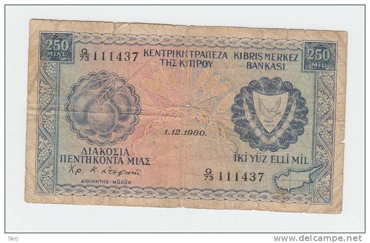 Cyprus 250 Mills Banknote 1980 G-VG P 41c - Chipre