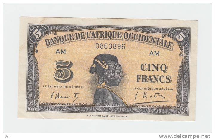 French West Africa 5 Francs 1942 VF++ Banknote P 28b 28 B - Sonstige – Afrika