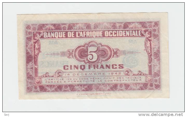 French West Africa 5 Francs 1942 VF++ Banknote P 28b 28 B - Autres - Afrique