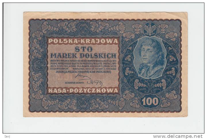 Poland 100 Marek 1919 VF Banknote - Polonia