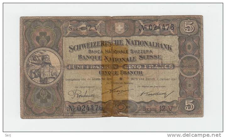 Switzerland 5 Franken 1921 VG+ RARE P 11e 11 E - Switzerland