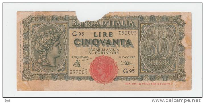 Italy 50 Lire 1944 "G" CRISP Banknote P 74 - 50 Lire