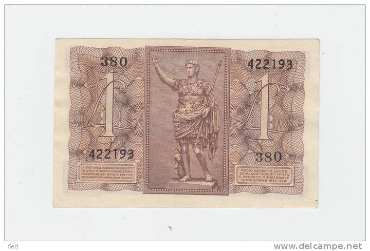 Italy 1 Lire 1939 AUNC CRISP Banknote P 26 - Italia – 1 Lira