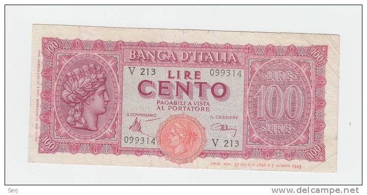 Italy 100 Lire 1944 "F+" CRISP Banknote P 75a 75 A - 100 Liras