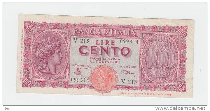 Italy 100 Lire 1944 "F+" CRISP Banknote P 75a 75 A - 100 Lire