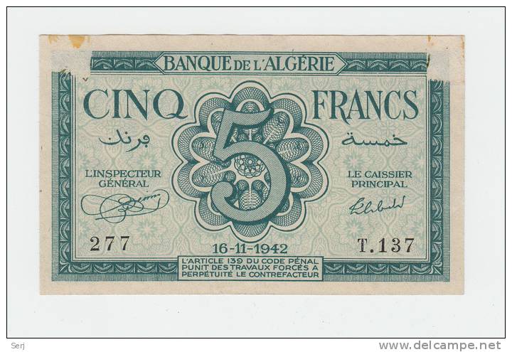 Algeria 5 Francs 16-11- 1942 UNC (with Defects On The Back - Please See Scan) CRISP Banknote P 91 - Algerije