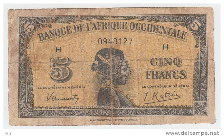 French West Africa 5 Francs 1942 VG Banknote P 28a 28 A - Autres - Afrique