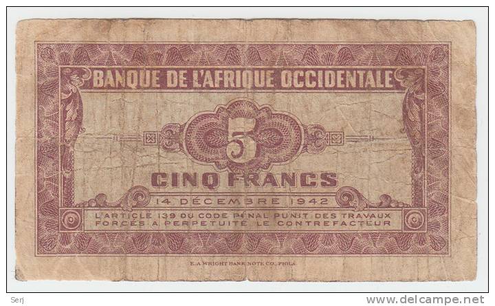 French West Africa 5 Francs 1942 VG Banknote P 28a 28 A - Otros – Africa