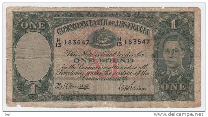 Australia 1 Pound 1942 G-VG Banknote P 26b 26 B - Tweede Wereldoorlog Uitgaven