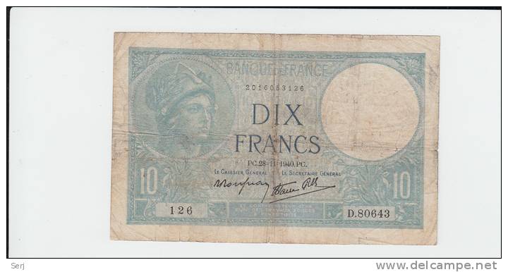 FRANCE 10 FRANCS 1940 G-VG P 84 - 10 F 1916-1942 ''Minerve''