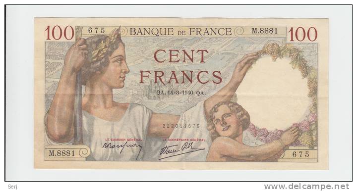 France 100 Francs 1940 VF++ CRISP Banknote P 94 - 100 F 1939-1942 ''Sully''