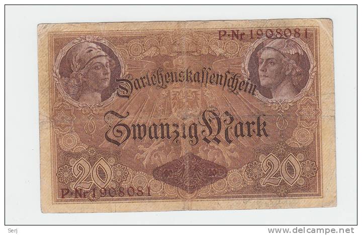 Germany 20 Mark 1914 ""F+""  Banknote 7 Digit P 48b 48 B - Administración De La Deuda