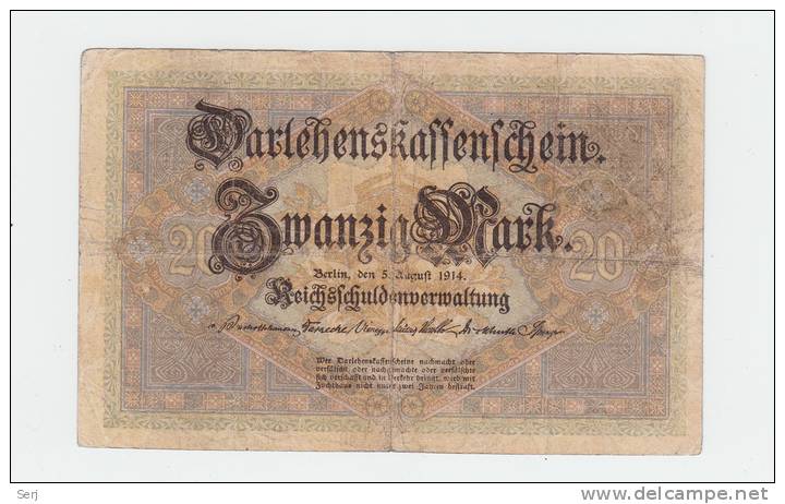 Germany 20 Mark 1914 ""F+""  Banknote 7 Digit P 48b 48 B - Reichsschuldenverwaltung