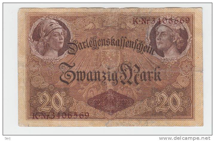 Germany 20 Mark 1914 ""F+""  Banknote 7 Digit P 48b 48 B - Administration De La Dette