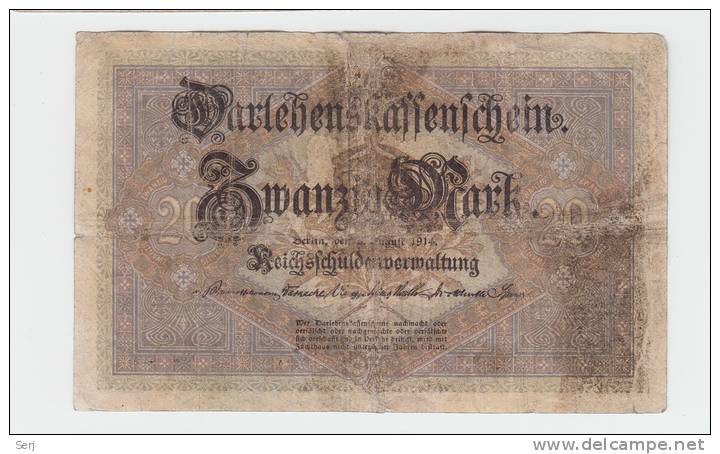 Germany 20 Mark 1914 ""F+""  Banknote 7 Digit P 48b 48 B - Imperial Debt Administration