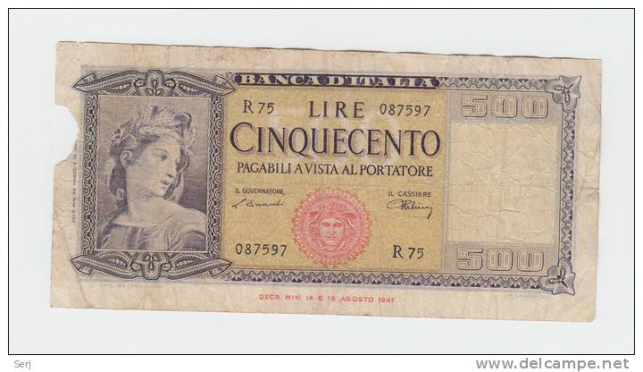 Italy 500 Lire 1947 P 80a 80 A - 500 Lire