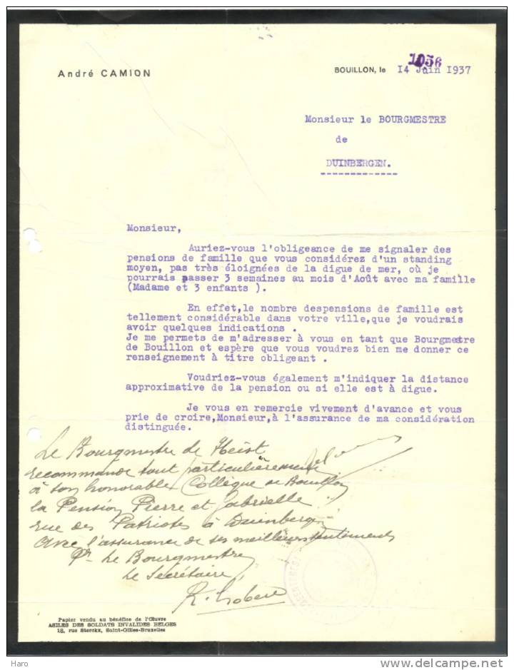 Lettre à Entête - Mr. André Camion - Bourgmestre De Bouillon écrivant Au Bourgmestre De Duinbergen  1937(sf46) - Autres & Non Classés