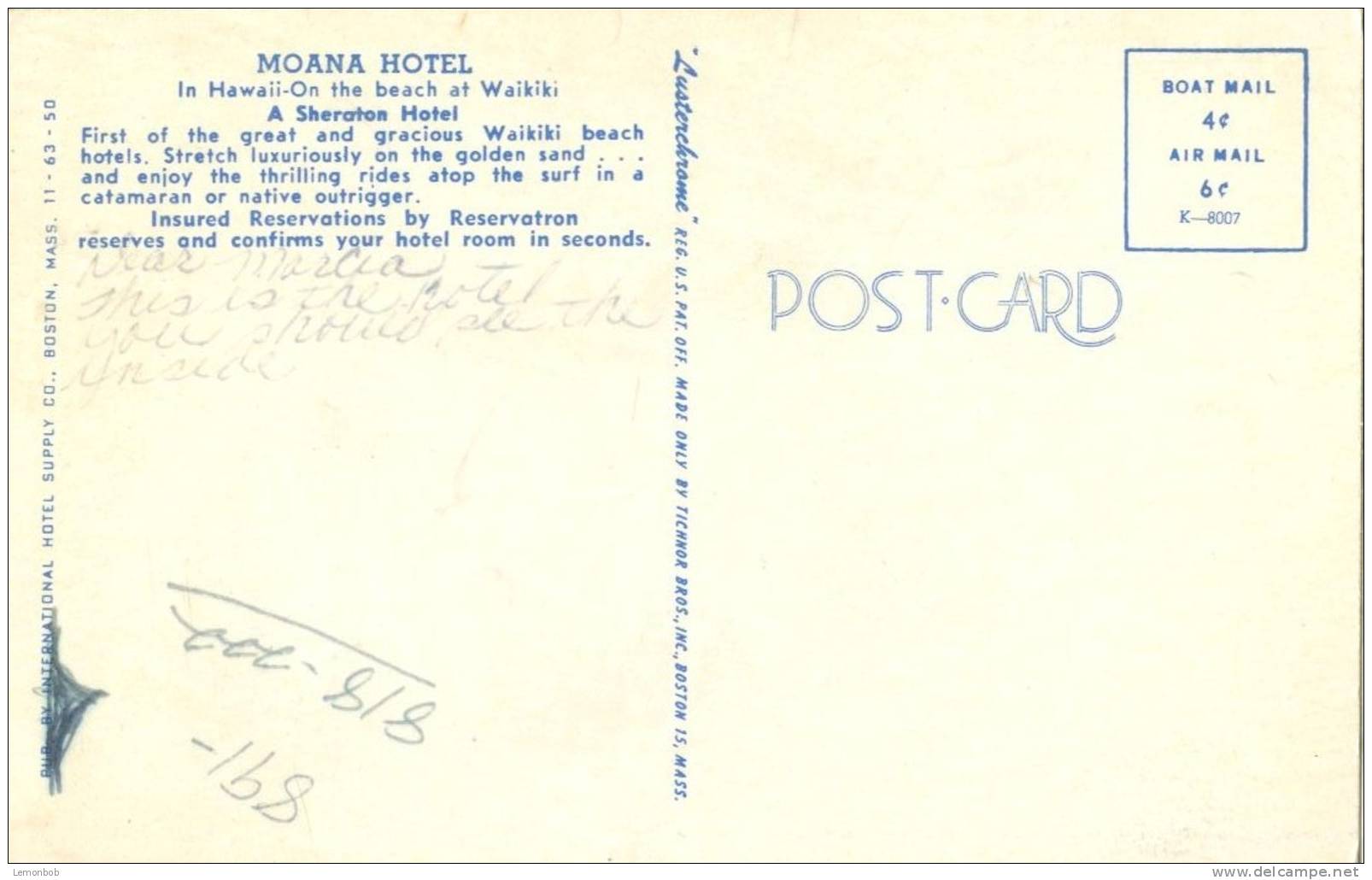 USA – United States – Moana Hotel, In Hawaii On The Beach At Waikiki, Hawaii, Used Postcard [P4412] - Andere & Zonder Classificatie