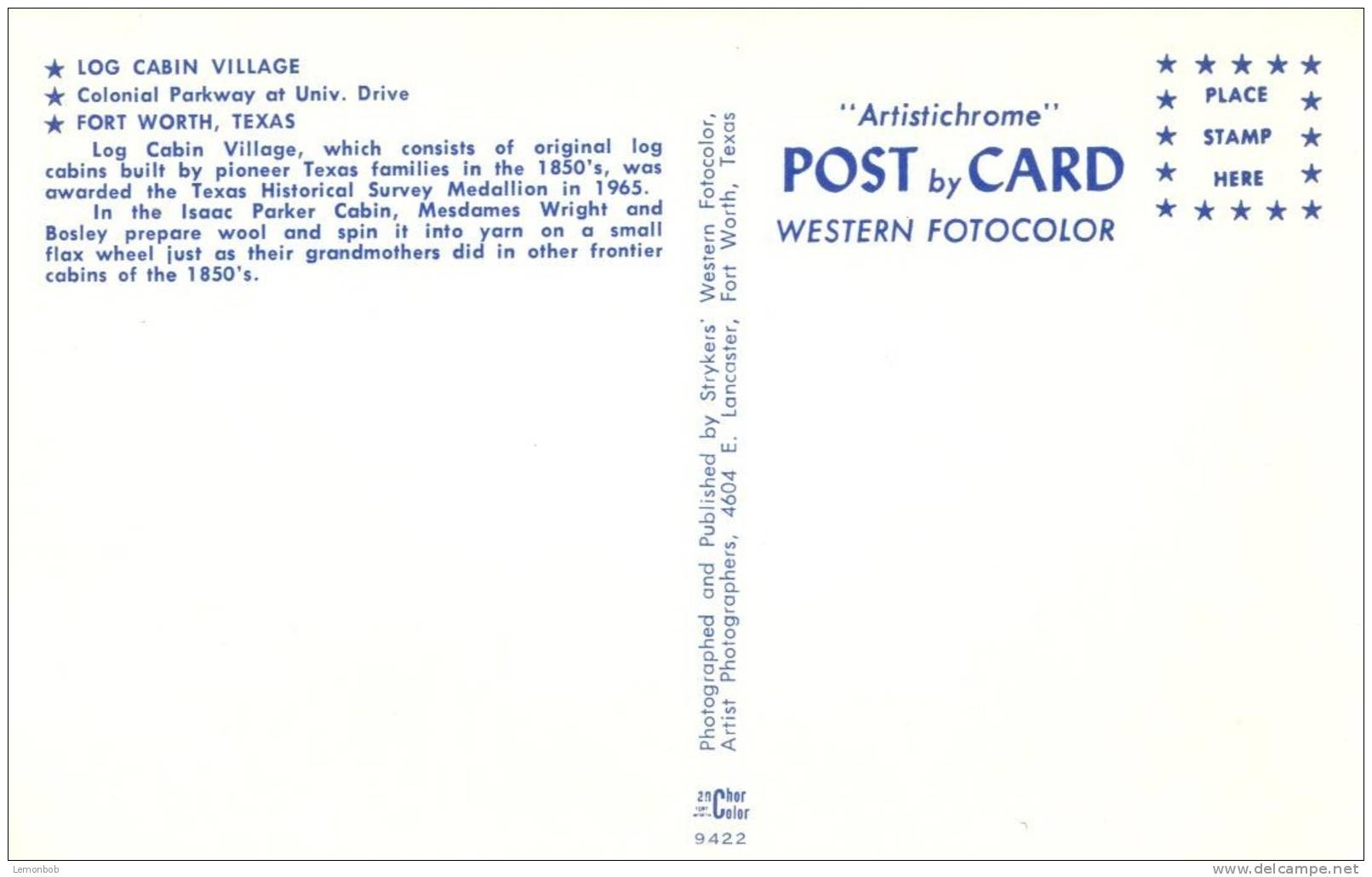 USA – United States – Log Cabin Village, Forth Worth, Texas Unused Postcard [P4423] - Fort Worth