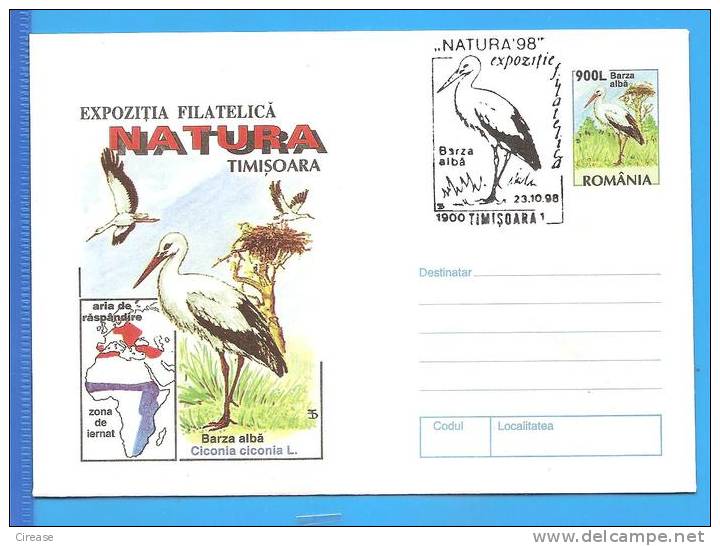 Birds, Bird, Stork, Ciconia, Ciconia. ROMANIA Postal Stationery Cover 1998 - Cigognes & échassiers