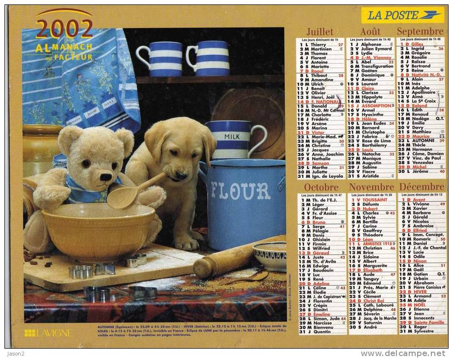 Almanach Du Facteur 2002 LAVIGNE Dep Calvados Chien Et Ours En Peluche, Chatons - Grossformat : 2001-...