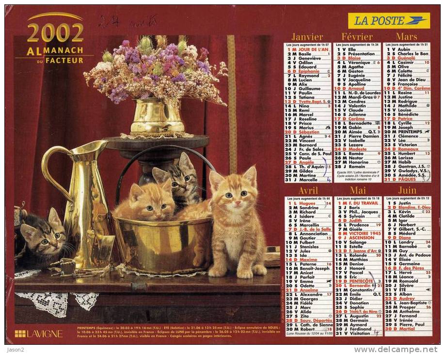 Almanach Du Facteur 2002 LAVIGNE Dep Calvados Chien Et Ours En Peluche, Chatons - Grossformat : 2001-...