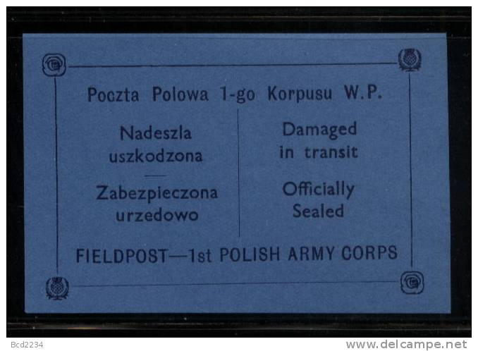 POLAND 1941 WW2 POCZTA POLOWA 1ST POLISH ARMY CORPS EXILED FORCES BLUE FIELD POST FELDPOST LETTER-SEAL NHM World War II - Etichette Di Fantasia