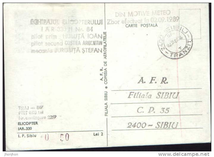 Romania-Maximum Postcard 1989-Helicopter IAR-330-Aeropostal-Sibiu Medias First Flight-with Aspecial Stamp - Elicotteri