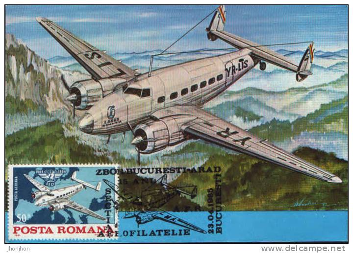 Romania-Maximum Postcard 1985-Lokheed/L14-Flight Bucharest-Arad 15 Years-with A Special Stamp - Airplanes