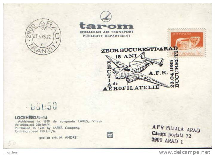 Romania-Maximum Postcard 1985-Lokheed/L14-Flight Bucharest-Arad 15 Years-with A Special Stamp - Flugzeuge