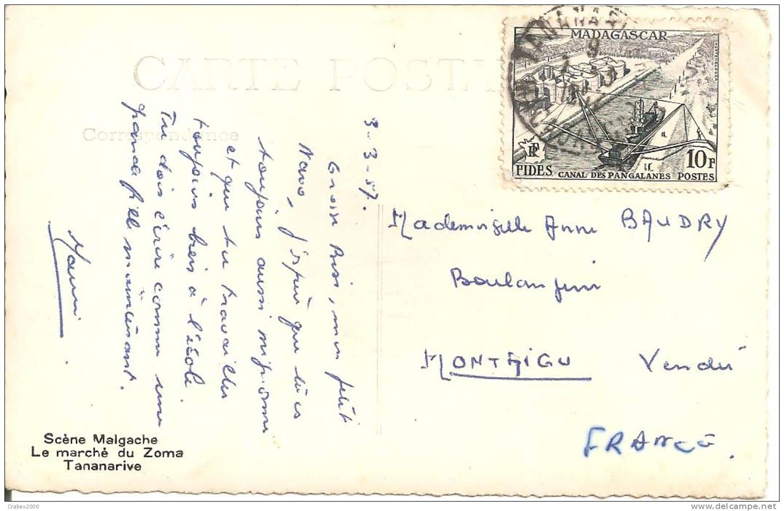 N Y&   329 TANANARIVE       Vers   MONTAIGU             Le 07 MARS 1957 - Cartas & Documentos