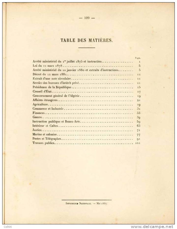 1887 Brochure Postes & Télégraphes Etat Général Des Franchises Télégraphiques - Poste