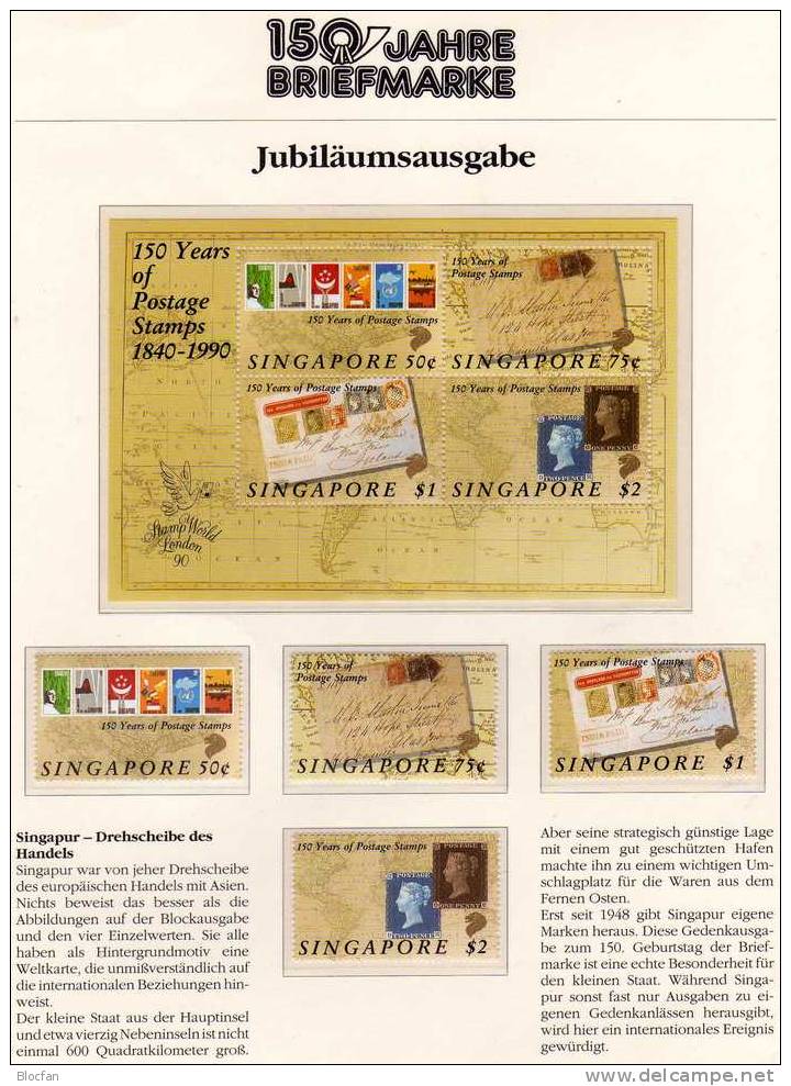 150 Jahre Briefmarken 1990 Singapur 594/7+Block 24 ** 26€ First Stamp And Varia Letter Of UK Philatic Bloc Sheet Of Asia - Singapur (1959-...)