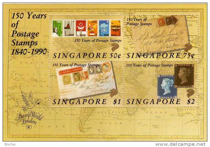 150 Jahre Briefmarken 1990 Singapur 594/7+Block 24 ** 26€ First Stamp And Varia Letter Of UK Philatic Bloc Sheet Of Asia - Singapur (1959-...)