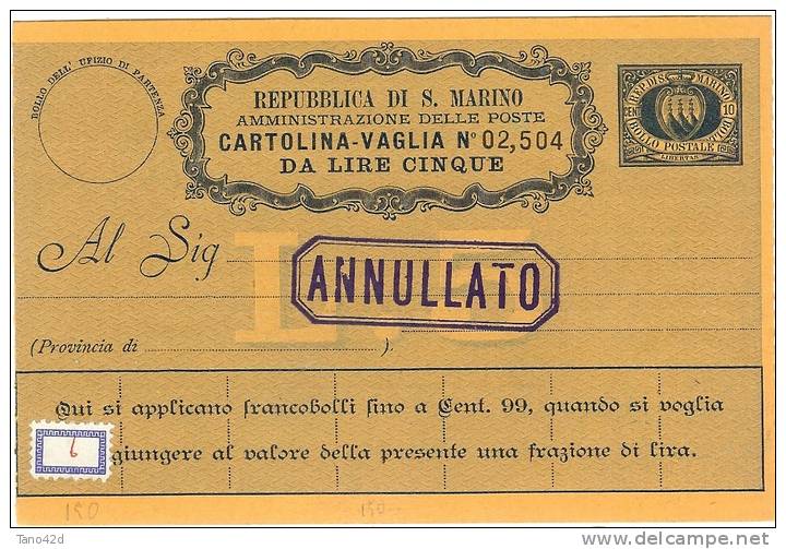 REF LANV2 - SAN MARINO 8 BONS DE POSTE SURCHARGES "ANNULLATO" - Enteros Postales