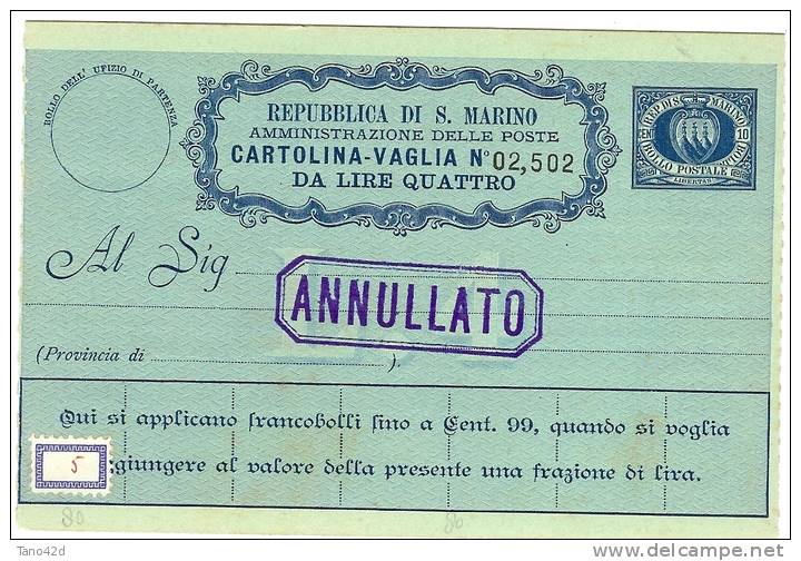 REF LANV2 - SAN MARINO 8 BONS DE POSTE SURCHARGES "ANNULLATO" - Enteros Postales