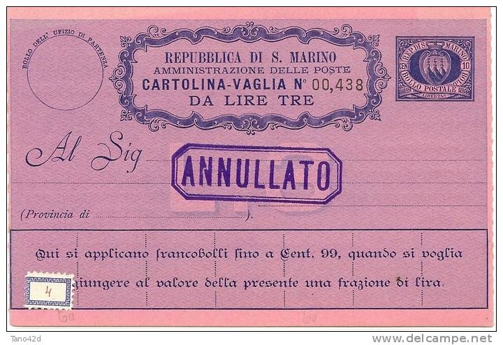 REF LANV2 - SAN MARINO 8 BONS DE POSTE SURCHARGES "ANNULLATO"