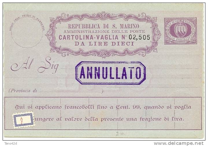 REF LANV2 - SAN MARINO 8 BONS DE POSTE SURCHARGES "ANNULLATO"