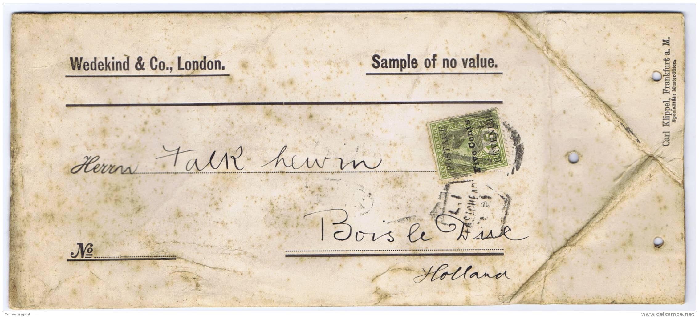 Ceylon 1898 Letter / Sample Of No Value From Ceylon To Holland (Bois Le Due) 1x 6-side Cancel+ Stamp Cancel - Ceylon (...-1947)