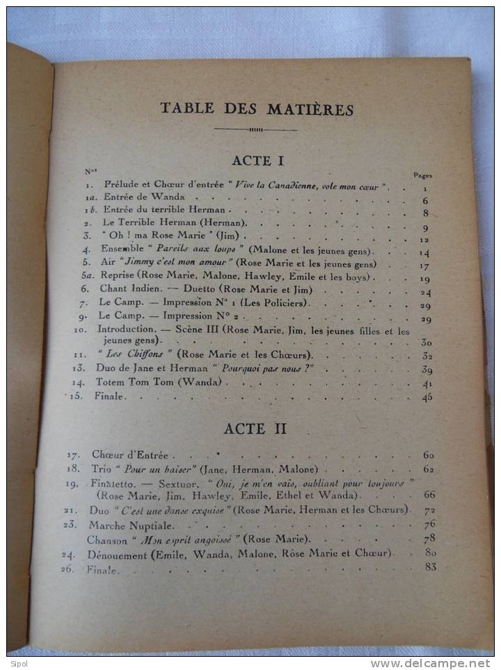 Partition De L Opérette Rose Marie De O.Harbachet O.Hammerstein Donné Au Théâtre Mogador 83 Pages Jaunies 2 Actes - Musik