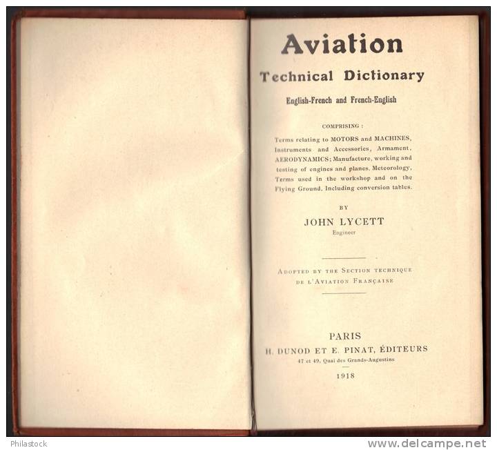 Dictionnaire Technique De L\´AVIATION 1918 De John Lycett  (182 Pages) Trés Bon état - Vliegtuig