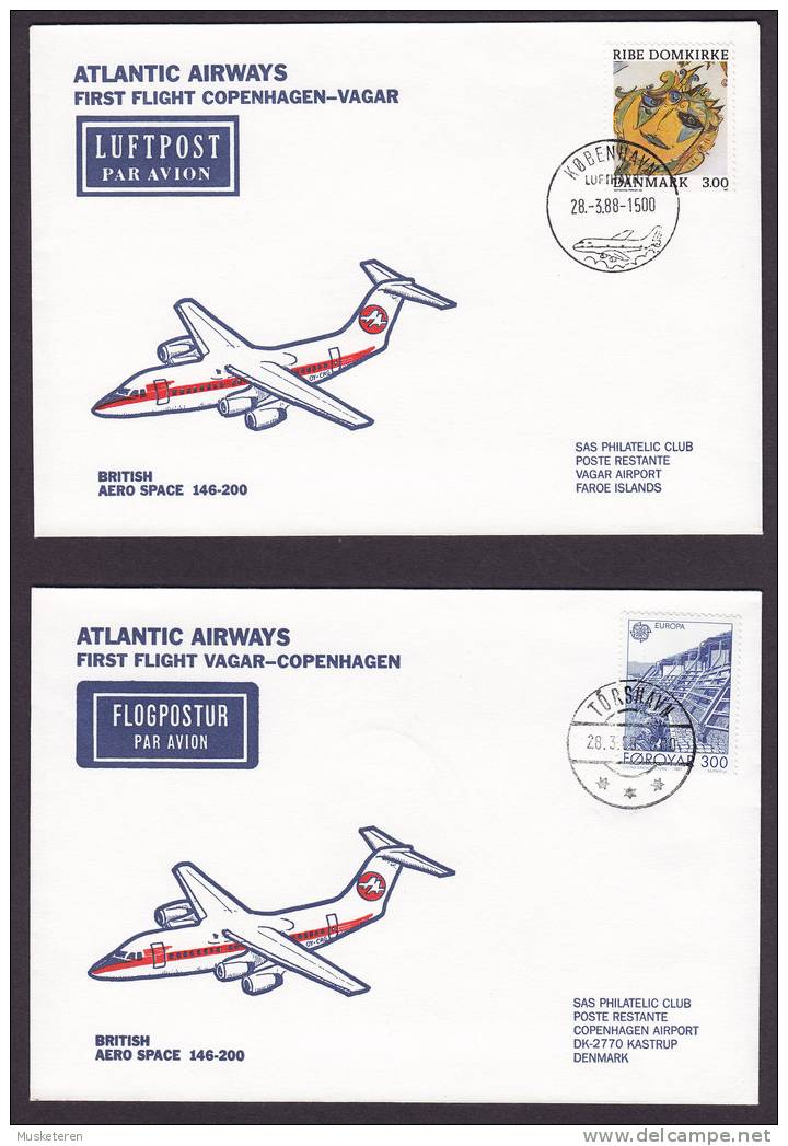 Denmark / Faroe Islands Airmail Flugpost ATLANTIC AIRWAYS 1st First Flight VAGAR-COPENHAGEN 1988 Cover Both Ways !! - Airmail