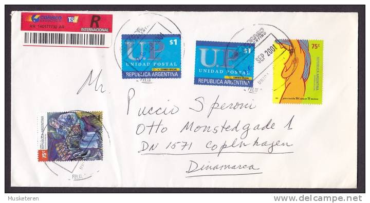 Argentina Registered Recommandée Einschreiben Mult Franked Beauty Cover 2001 To COPENHAGEN Denmark - Lettres & Documents