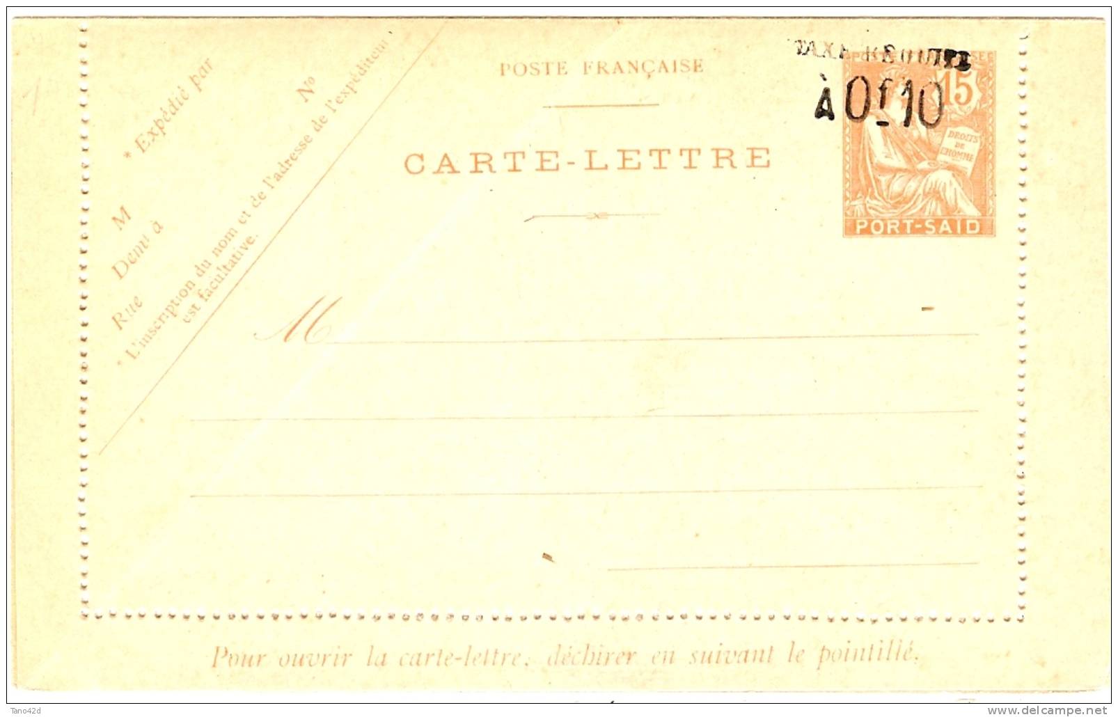 REF LANV2 - PORT SAID CARTE LETTRE TYPE MOUCHON 15c SURCH. TAXE REDUITE 10c NEUVE - Autres & Non Classés