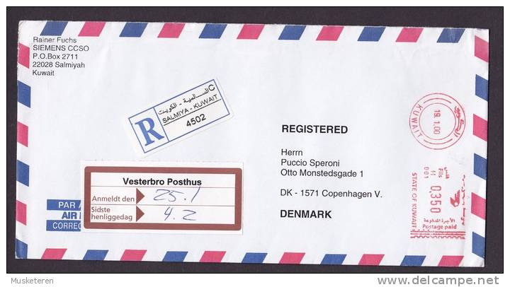 Kuwait Airmai Par Avion SALMIYA Registered Recommandée Einschreiben Meter Stamp Cover 2000 To Denmark - Koeweit