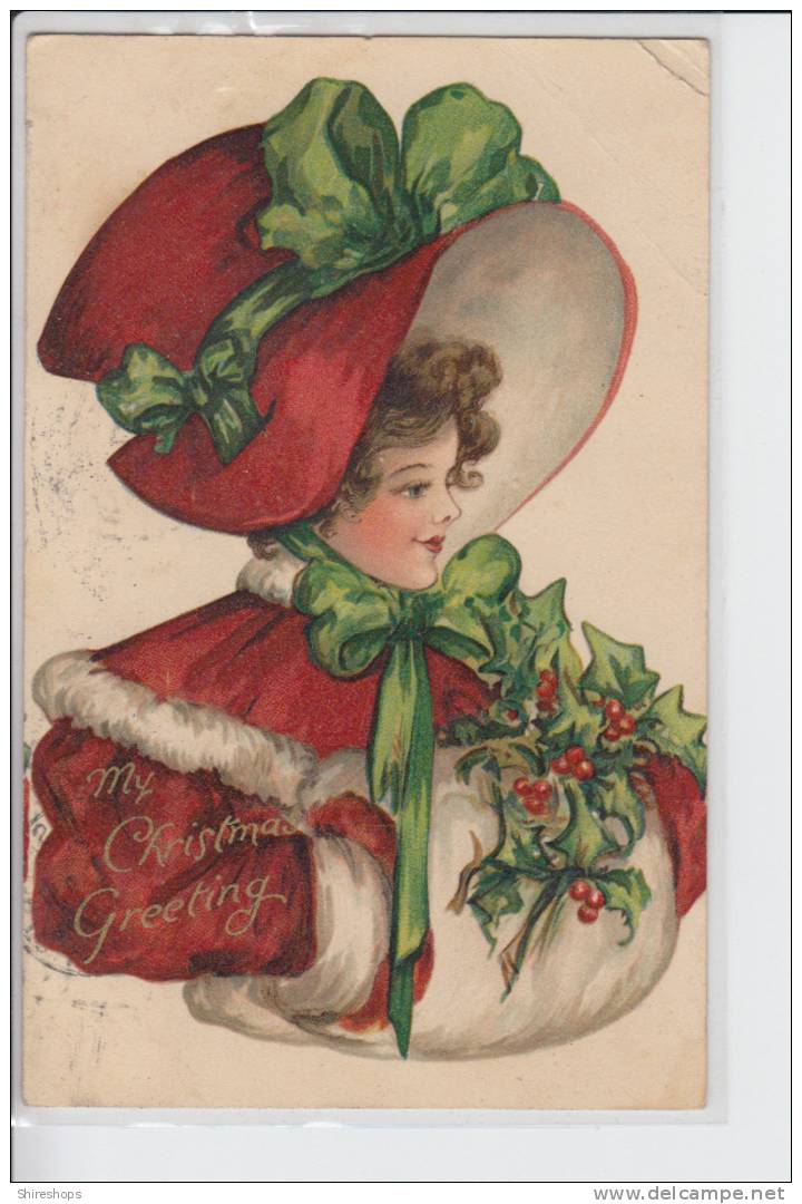 My Christmas Greeting Woman With Red Bonnett Holly - Other & Unclassified