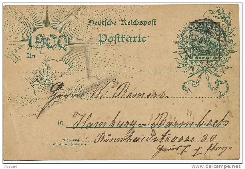 Uetersen Entier Postal 1899 Uetersen New Year 1900  To Hamburg - Uetersen