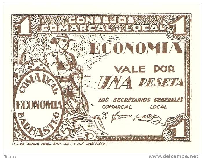 BILLETE DE 1 PTA  DEL CONSEJO COMARCAL DE BARBASTRO (BANKNOTE) - Altri & Non Classificati