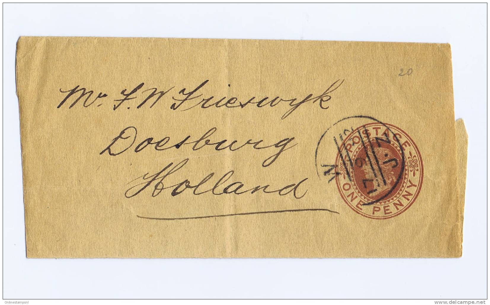 Great Britain: Small Preprinted One Penny Enveloppe, 1882 (?), To Doesburg Holland (arr. Cancel At Back) - Luftpost & Aerogramme